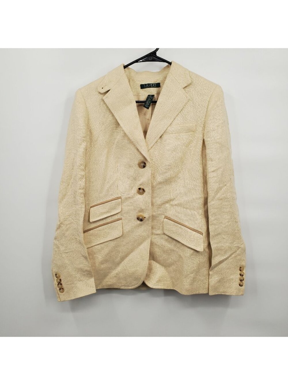 Ralph Lauren Tan Linen Blend Blazer Women Size 6 Equestrian Style Pockets